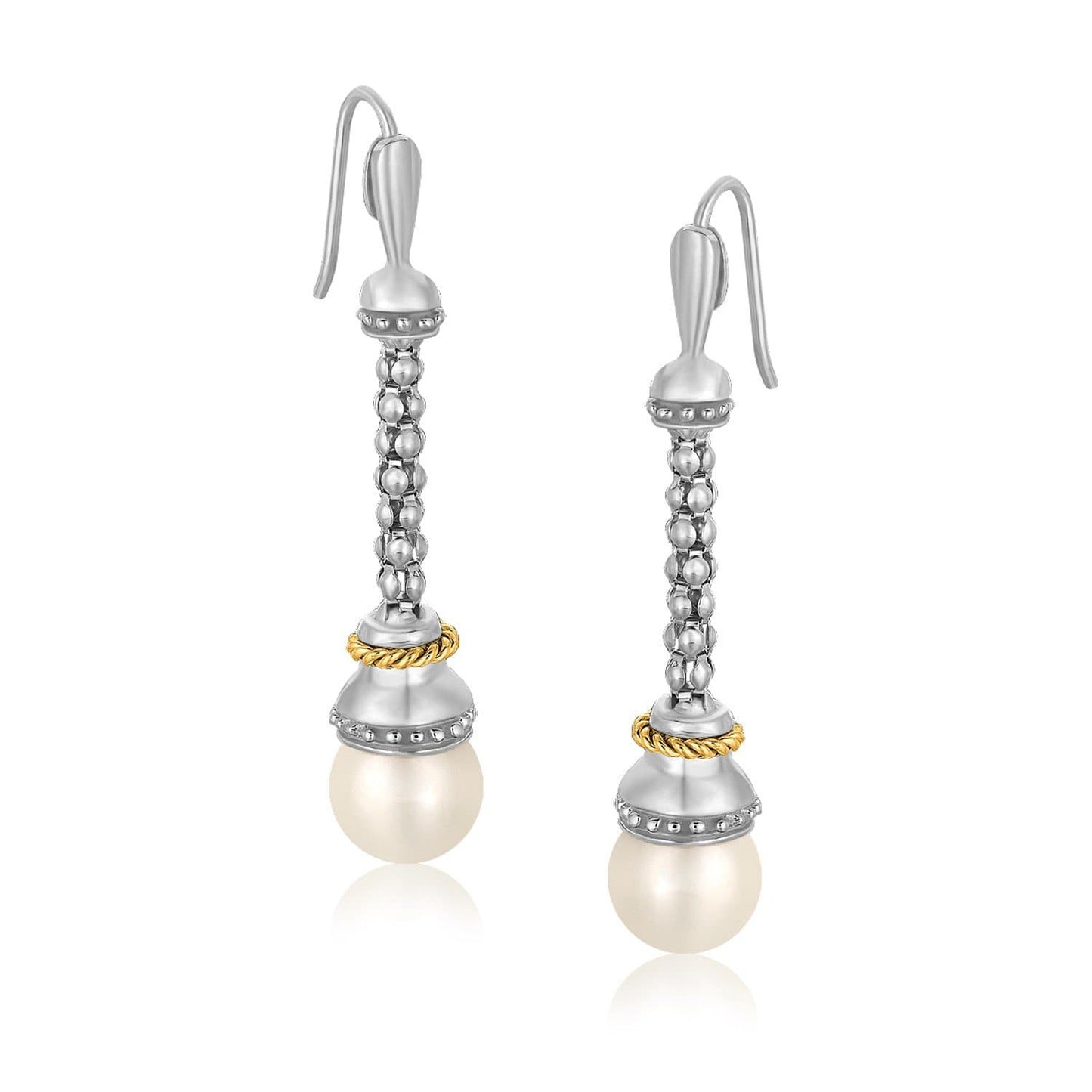 18K Yellow Gold and Sterling Silver Dangle Earrings with Pearl Ends
