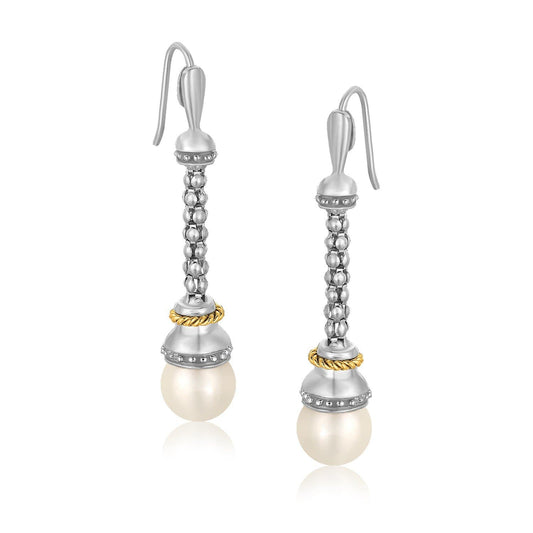 18K Yellow Gold and Sterling Silver Dangle Earrings with Pearl Ends