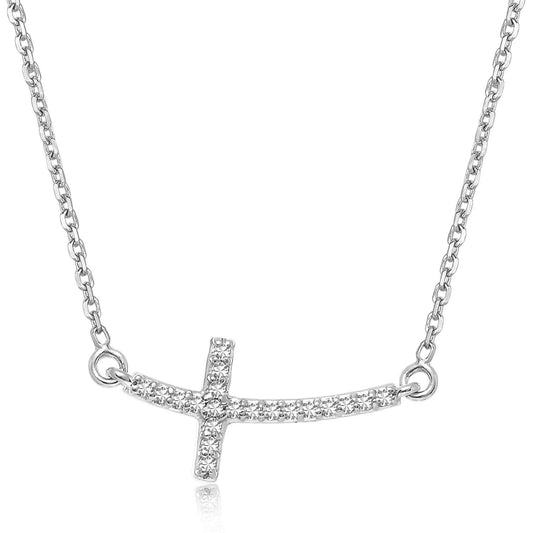 Curved Cross Diamond Necklace in 14k White Gold