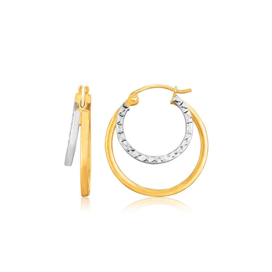 14k Two Tone Gold Double Hoop Hammered Texture Earrings