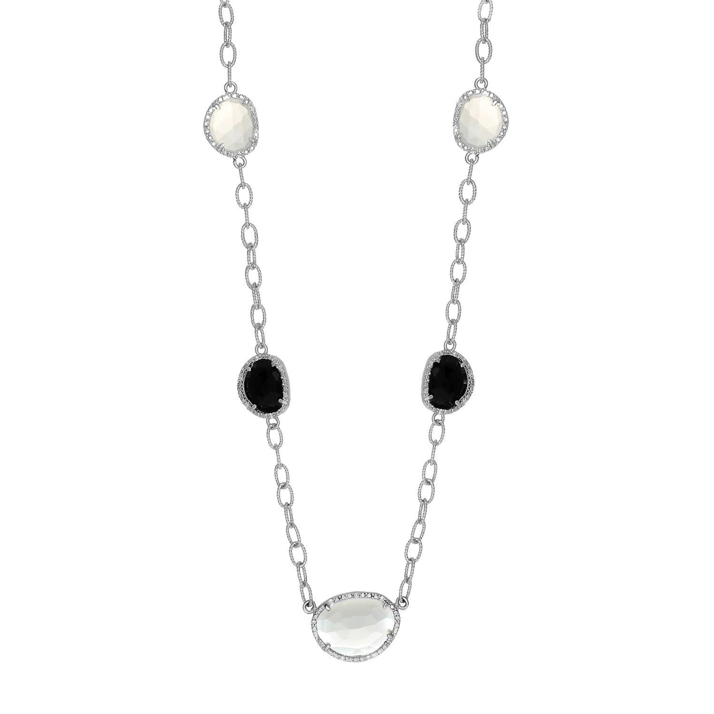 Sterling Silver Diamond Accented Moonstone and Black Onyx Necklace