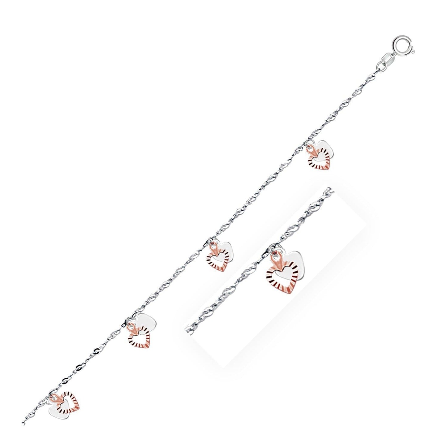 Dual Heart Charms Anklet in 2-Tone 14k Gold