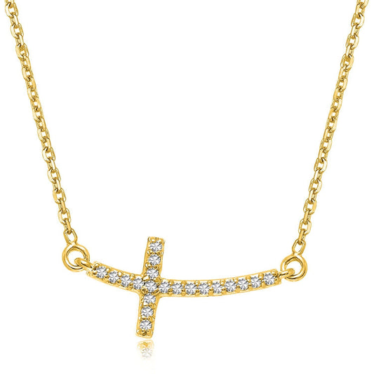 14k Yellow Gold Diamond Accented Curved Cross Necklace