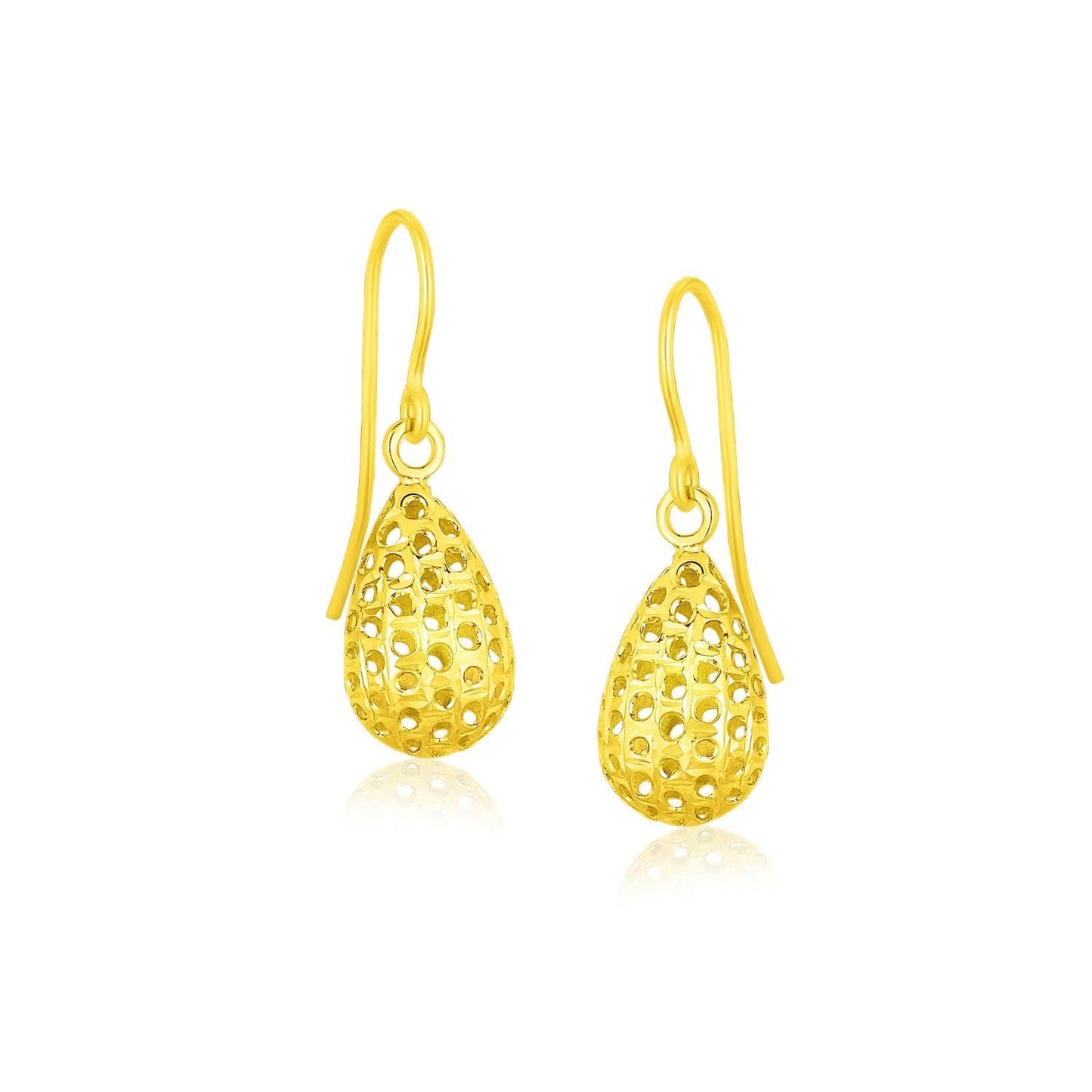 14k Yellow Gold Teardrop Dangle Earrings with Honeycomb Texture