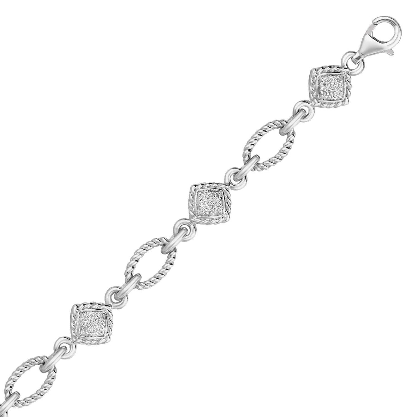 Sterling Silver Cable Oval and Square Link Bracelet with Diamonds
