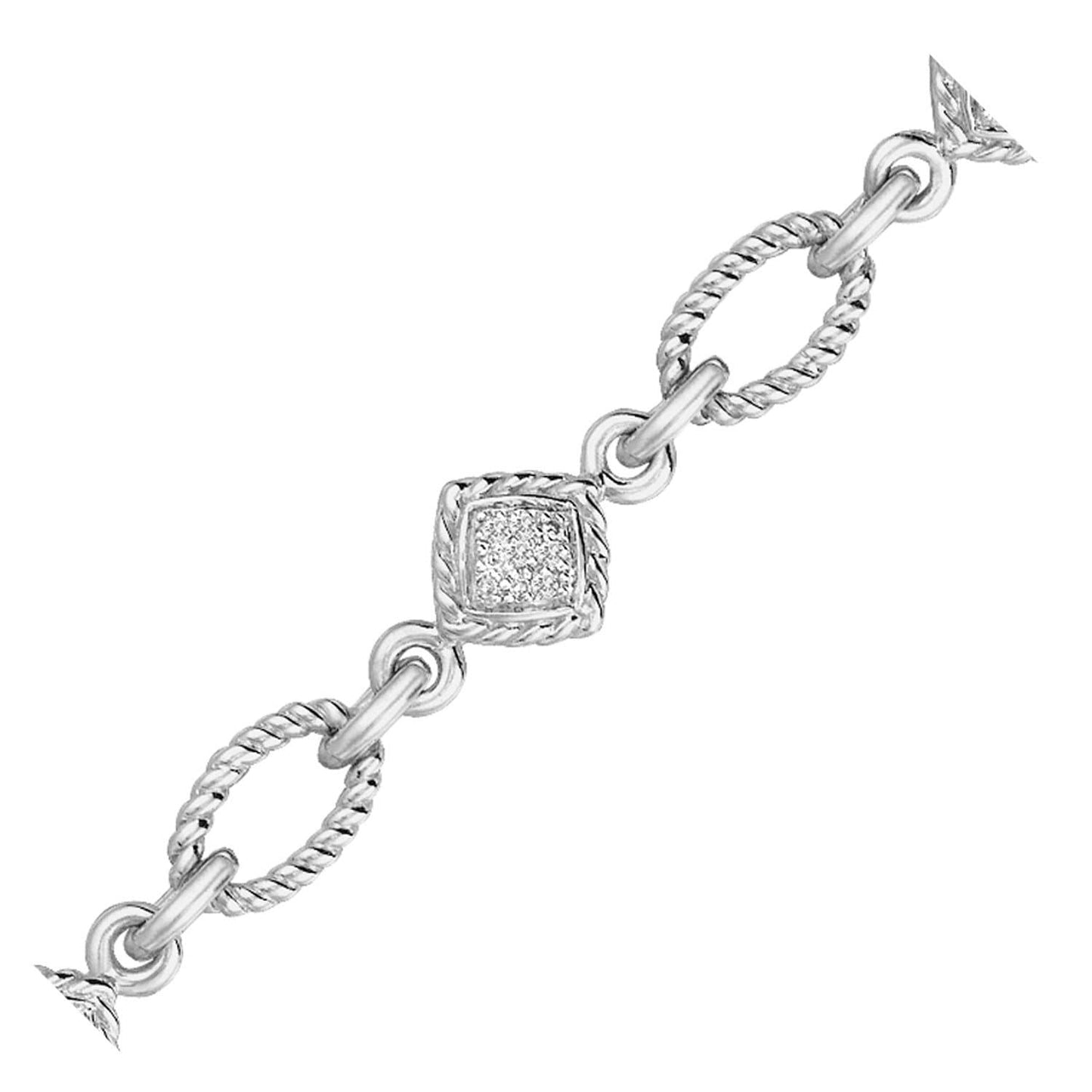 Sterling Silver Cable Oval and Square Link Bracelet with Diamonds