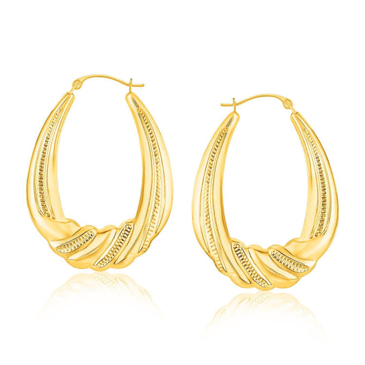 14k Yellow Gold Graduated Textured Oval Hoop Earrings