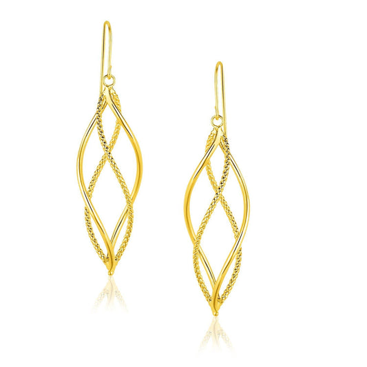 14k Yellow Gold Spiral Style Double Row Dangle Earrings