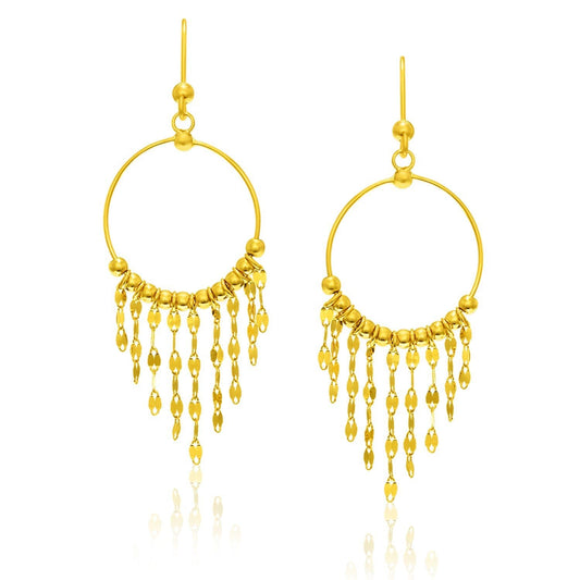 14k Yellow Gold Circle Dangling Earrings with Sequin Fringe