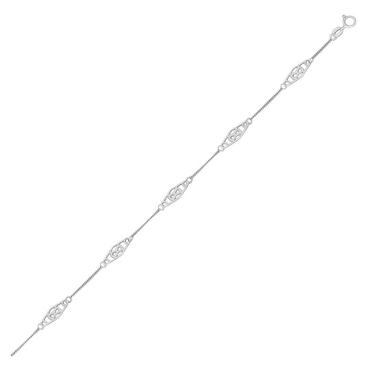 14k White Gold Anklet with Fancy Diamond Shape Filigree Stations