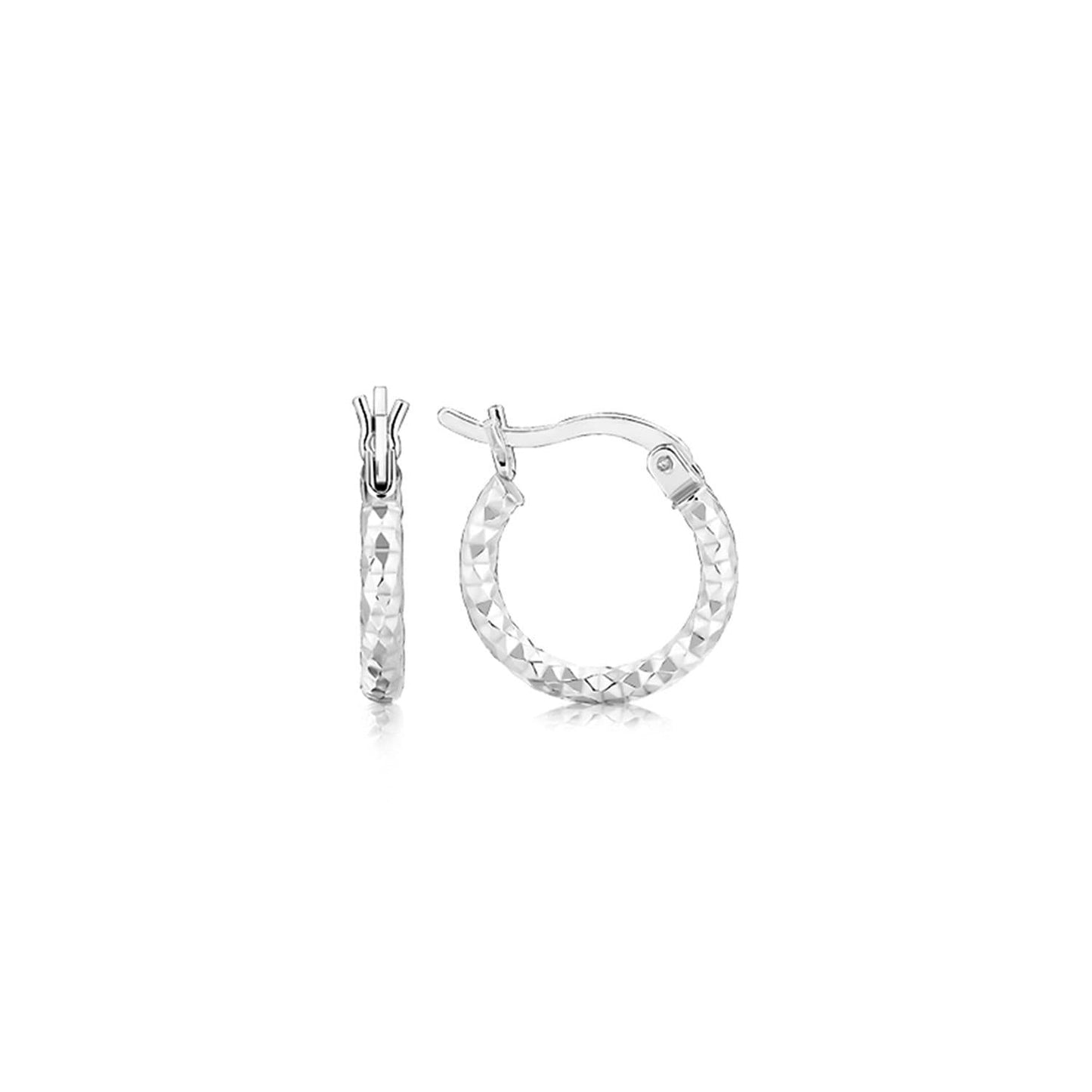 Sterling Silver Rhodium Plated Faceted Design Small Hoop Earrings