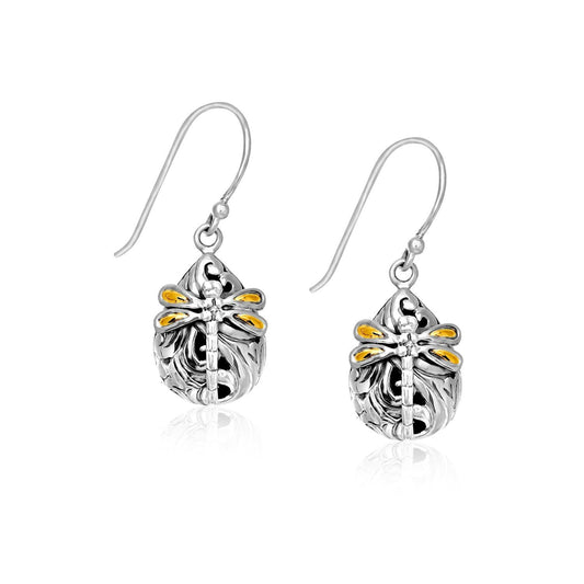 18K Yellow Gold and Sterling Silver Teardrop Dragonfly Earrings