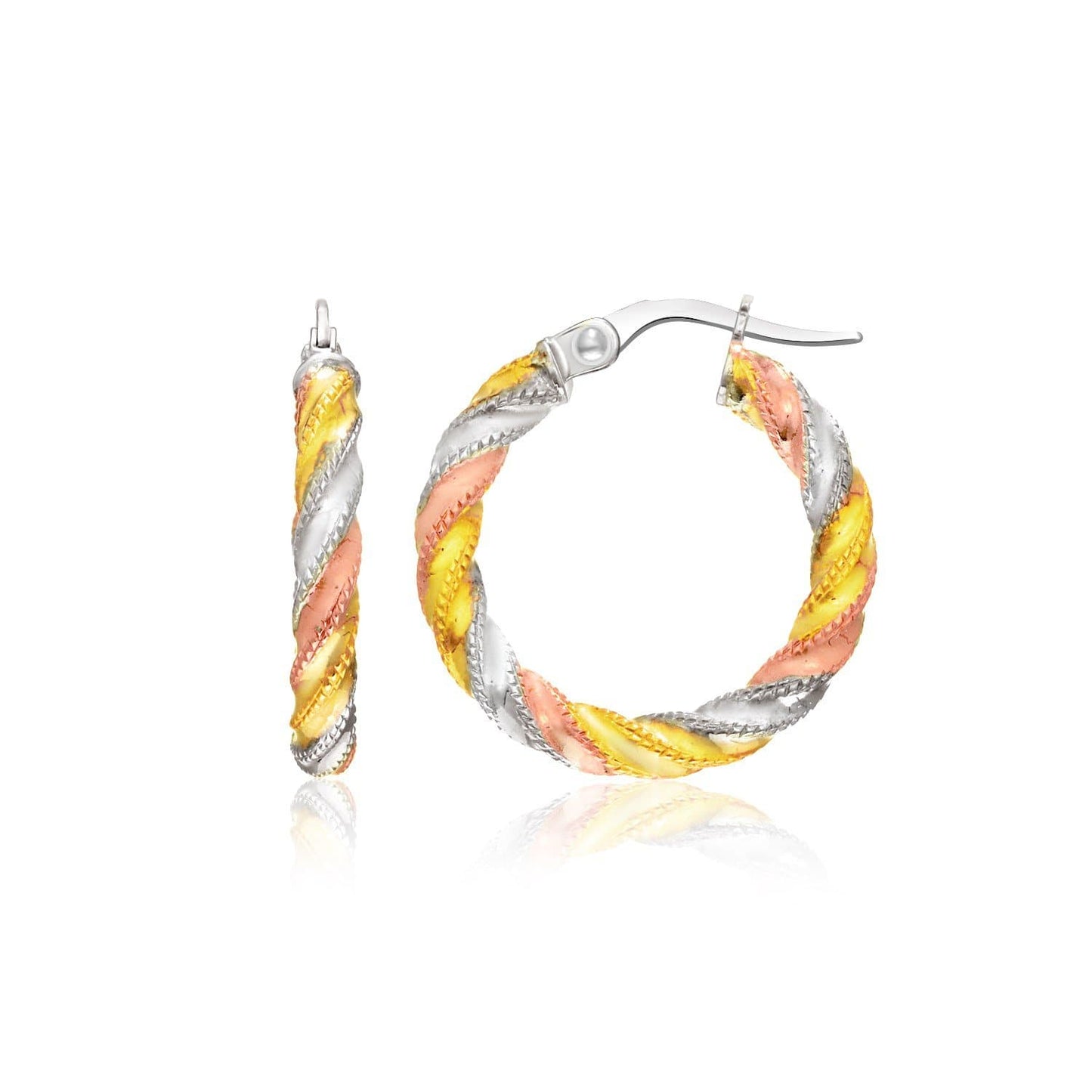 14k Tri-Color Gold Hoop Earrings with a Spiral Design