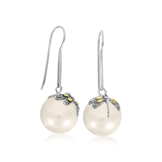 18K Yellow Gold and Sterling Silver Shell Pearl Earrings with Dragonfly Accents