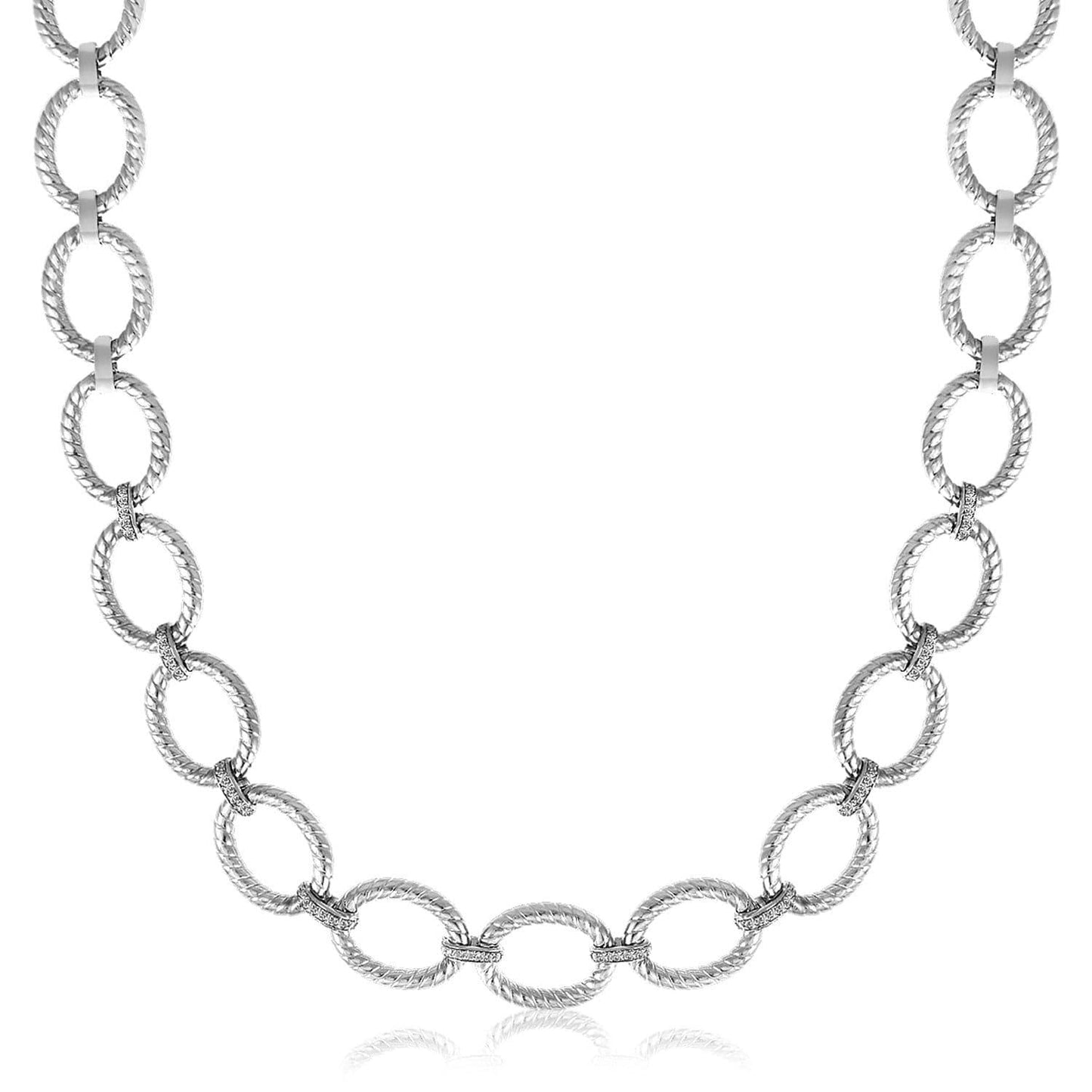 Sterling Silver Rhodium Plated Diamond Accented Rope Oval Necklace