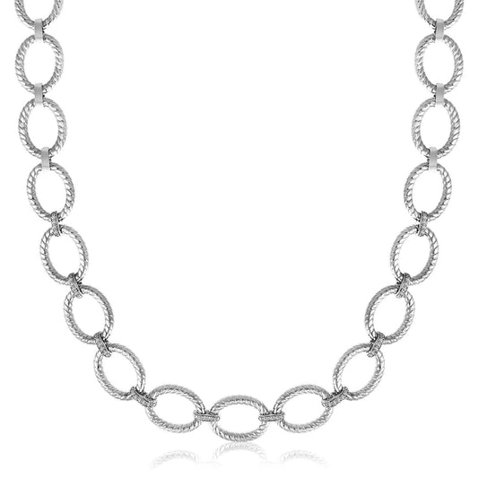 Sterling Silver Rhodium Plated Diamond Accented Rope Oval Necklace