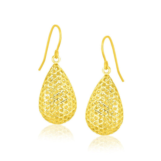 14k Yellow Gold Honeycomb Texture Large Teardrop Dangle Earrings