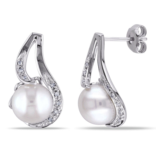 Michiko 9-9.5mm Cultured Freshwater Pearl Earrings with Diamond Accents