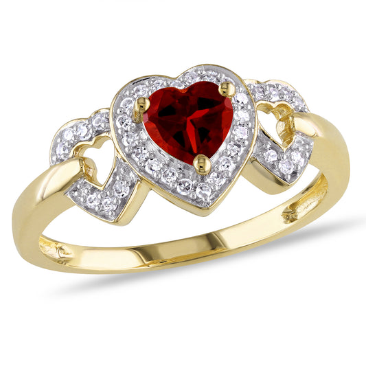 Garnet & Diamond 3-Heart Ring in 10k Yellow Gold