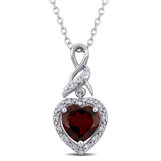Garnet & Diamond Heart Halo Twist Necklace in Sterling Silver