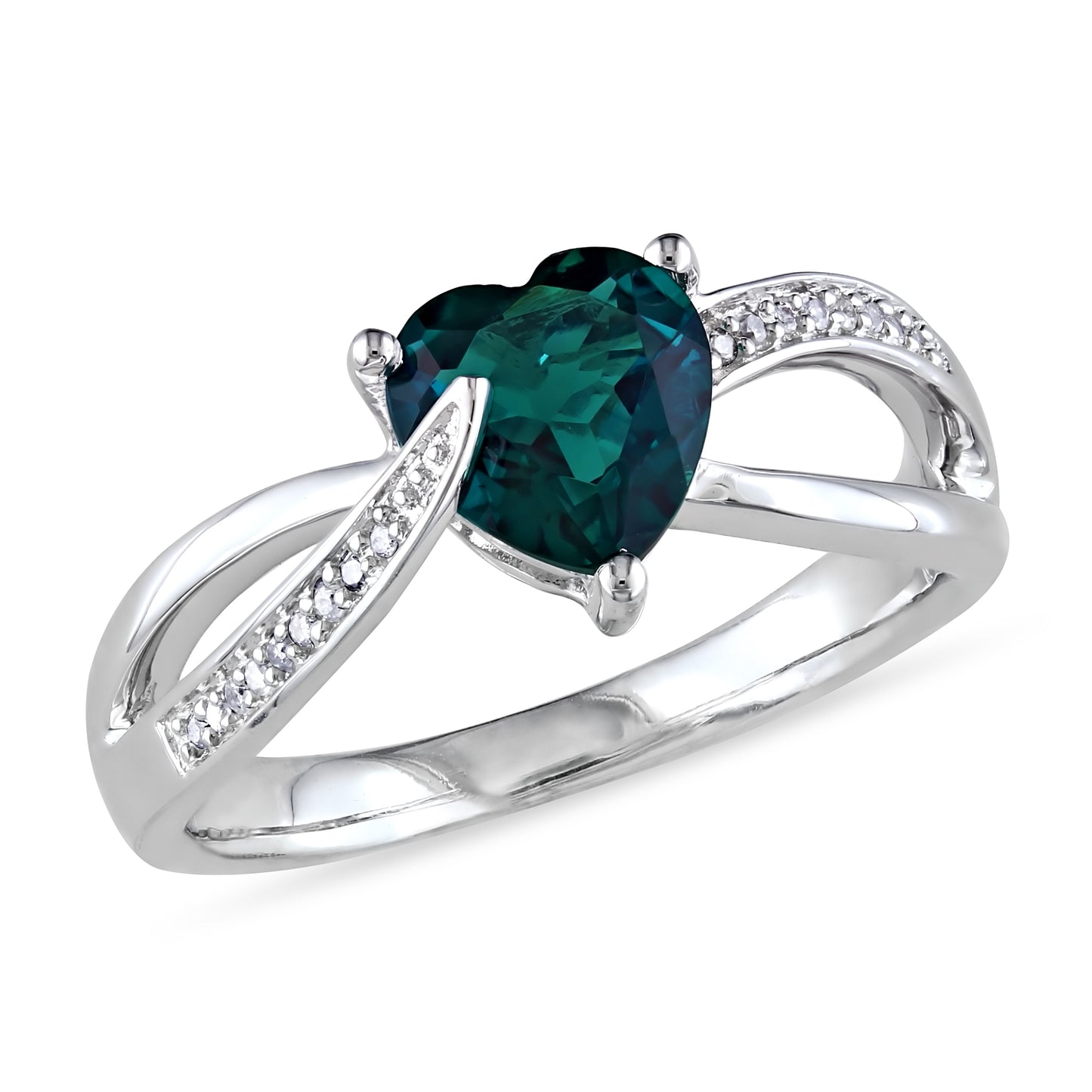 Created Emerald & Diamond Heart Ring in Sterling Silver