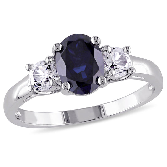 3 Stone Blue & White Sapphire Ring in Sterling Silver