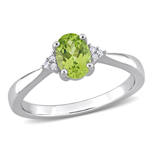 4/5ct Oval Cut Peridot & 0.03ct Diamond Ring in Sterling Silver