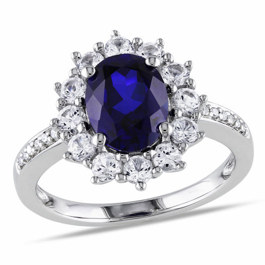 Oval Cut Blue & White Sapphire with Diamonds Halo Ring in Sterling Silver