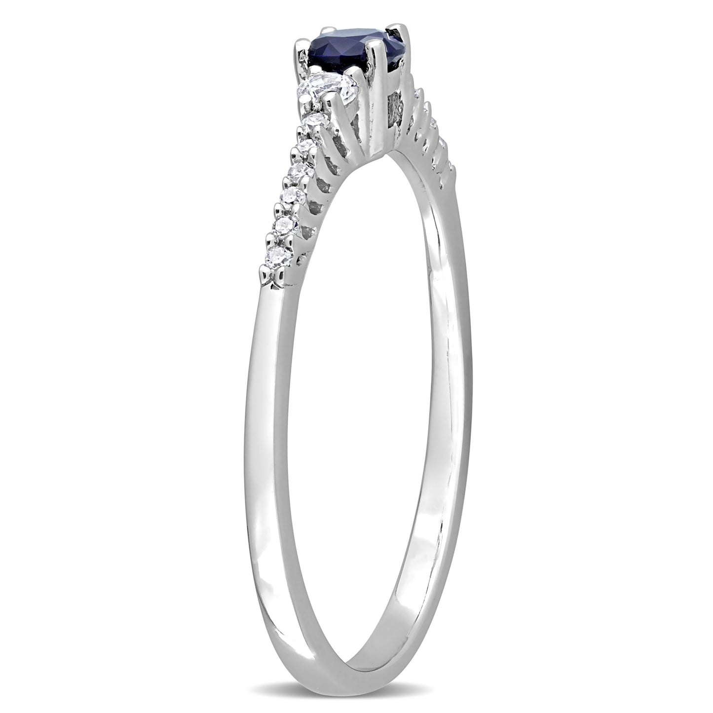 Round Cut White & Blue Sapphire with Diamond Ring in Sterling Silver
