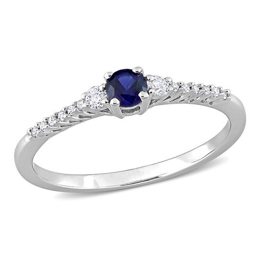 Round Cut White & Blue Sapphire with Diamond Ring in Sterling Silver