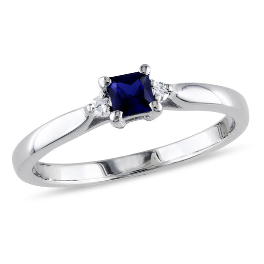 Princess Cut Sapphire & Diamond Ring in Sterling Silver