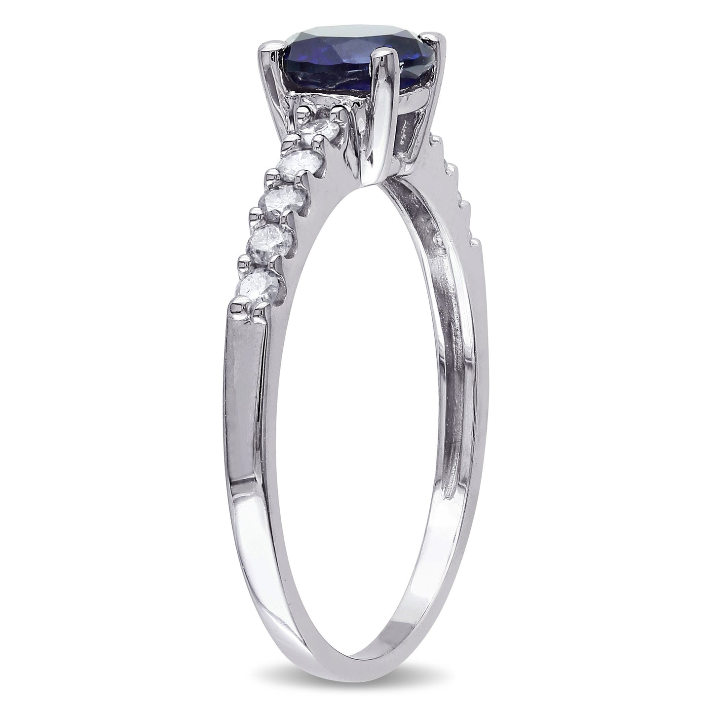 Round Cut 1ct Sapphire & 1/4ct Diamond Ring in 10k White Gold