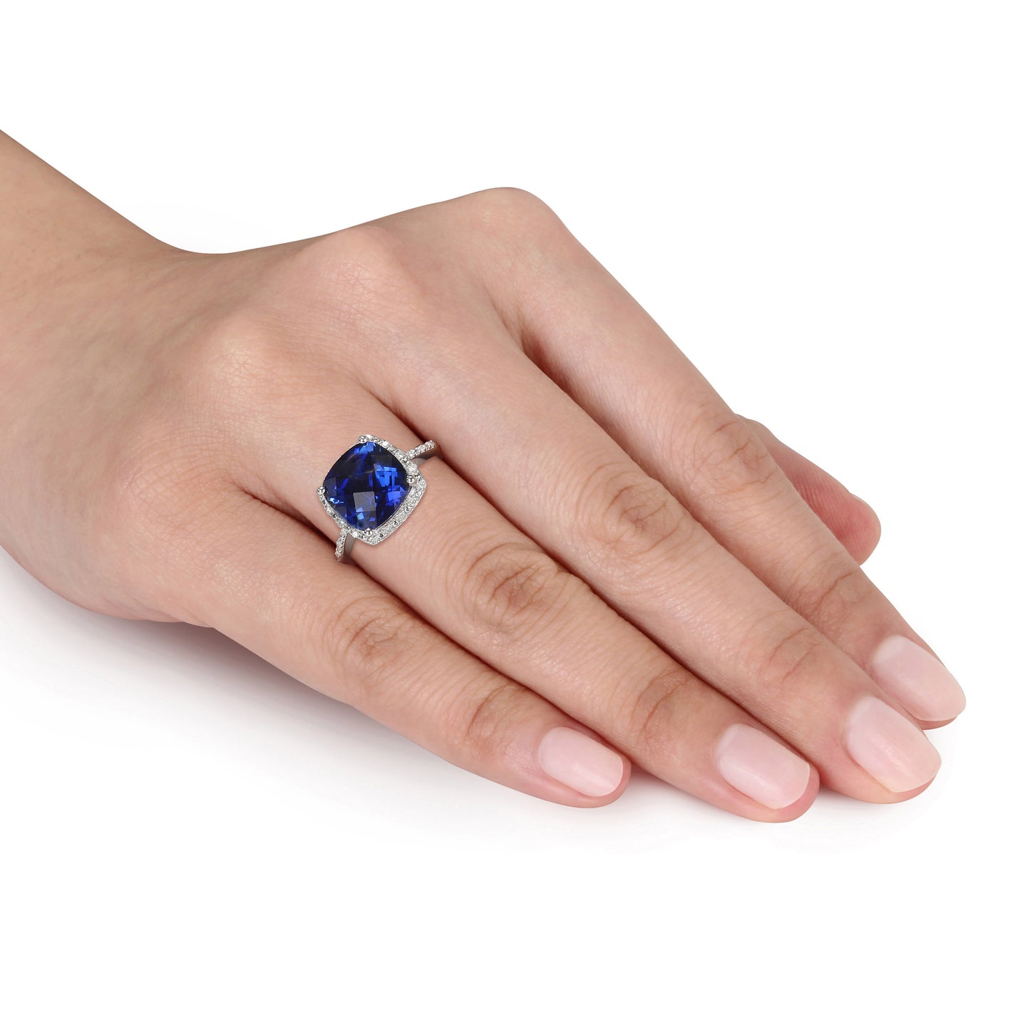 Cushion Cut Sapphire & Diamond Halo Ring in Sterling Silver