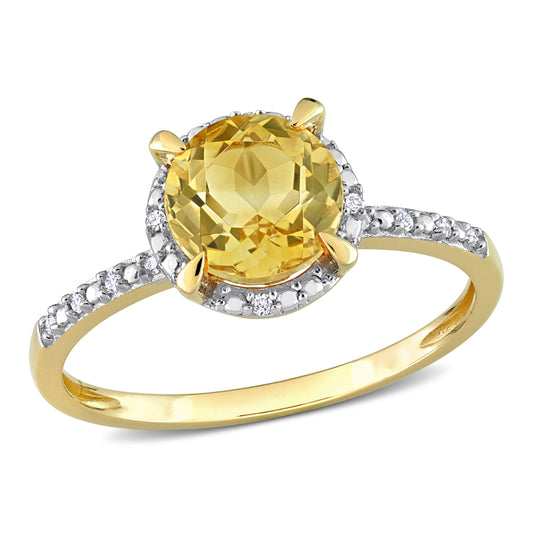 Round Cut Citrine & Diamond Halo Engagement Ring in 10k Yellow Gold
