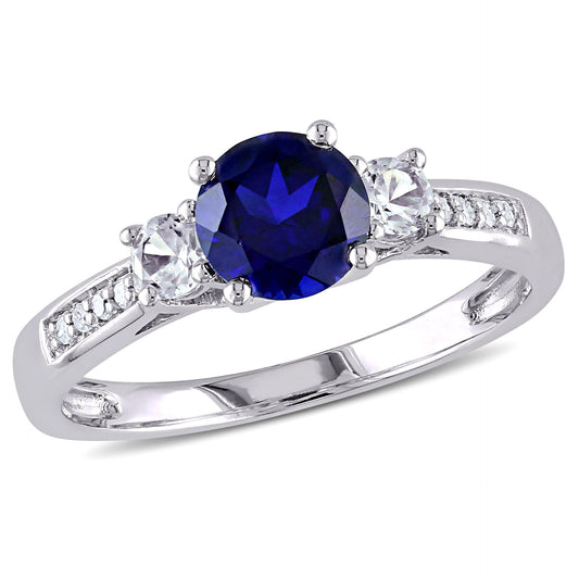 Blue & White Sapphire with Diamonds 3 Stone Ring in 10k White Gold