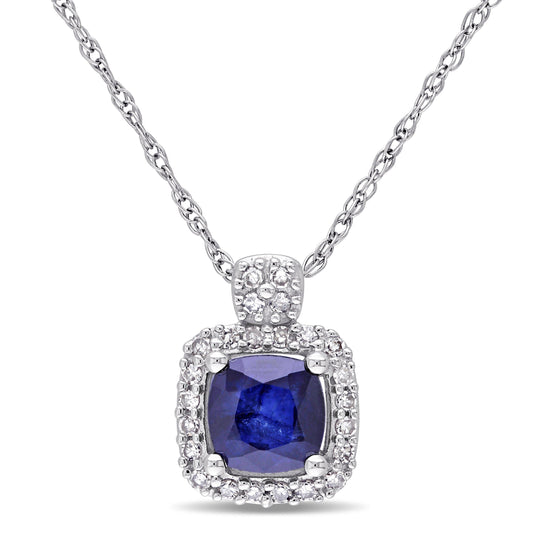 Blue Sapphire & Diamond Halo Necklace in 10k White Gold