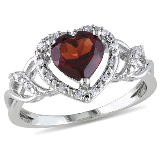 Garnet & Diamond Heart Ring in Sterling Silver