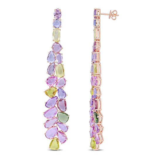 Multi-Color Sapphire Cluster Drop Earrings in 14k Rose Gold