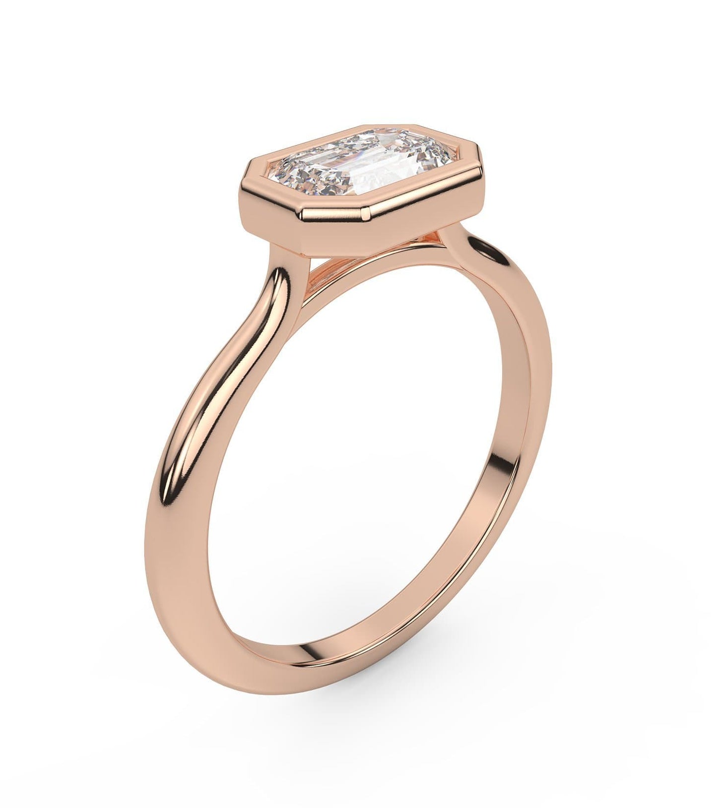 East West Emerald Cut Diamond Bezel Solitaire Engagement Ring